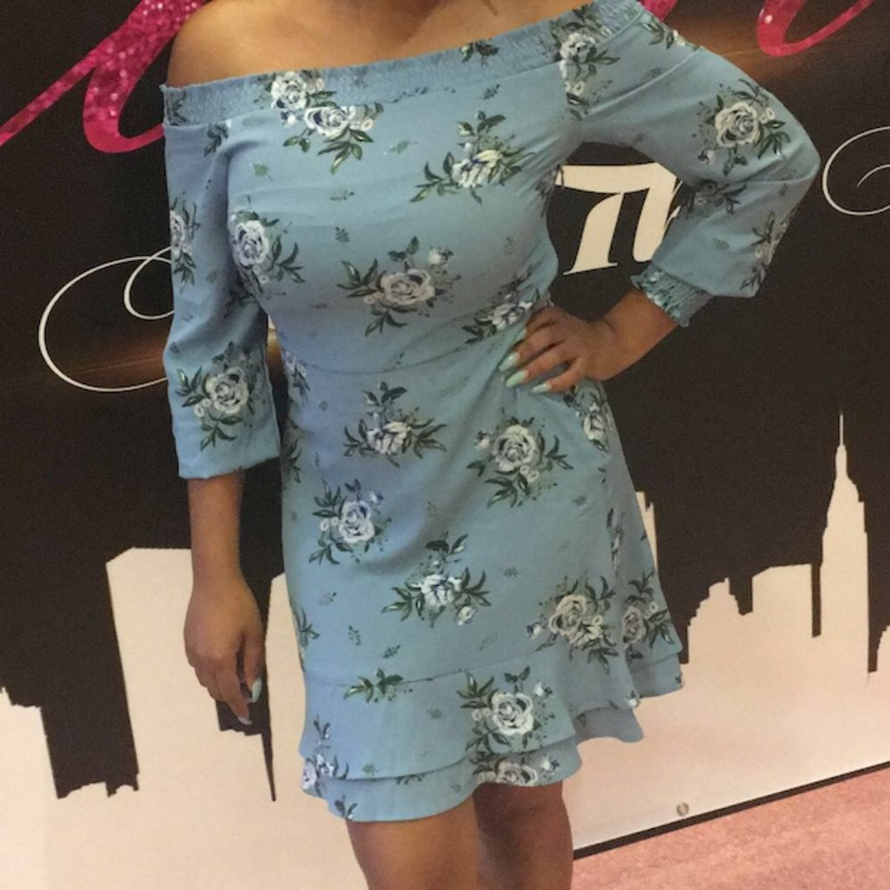 H&M Light Blue Floral off-the-shoulder Dress